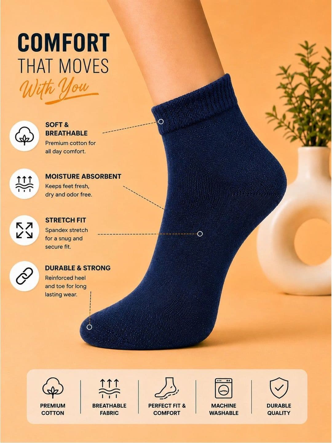 ADDOSSO Men Pack of 6 Cotton Assorted Ankle Length Socks thumbnail 3