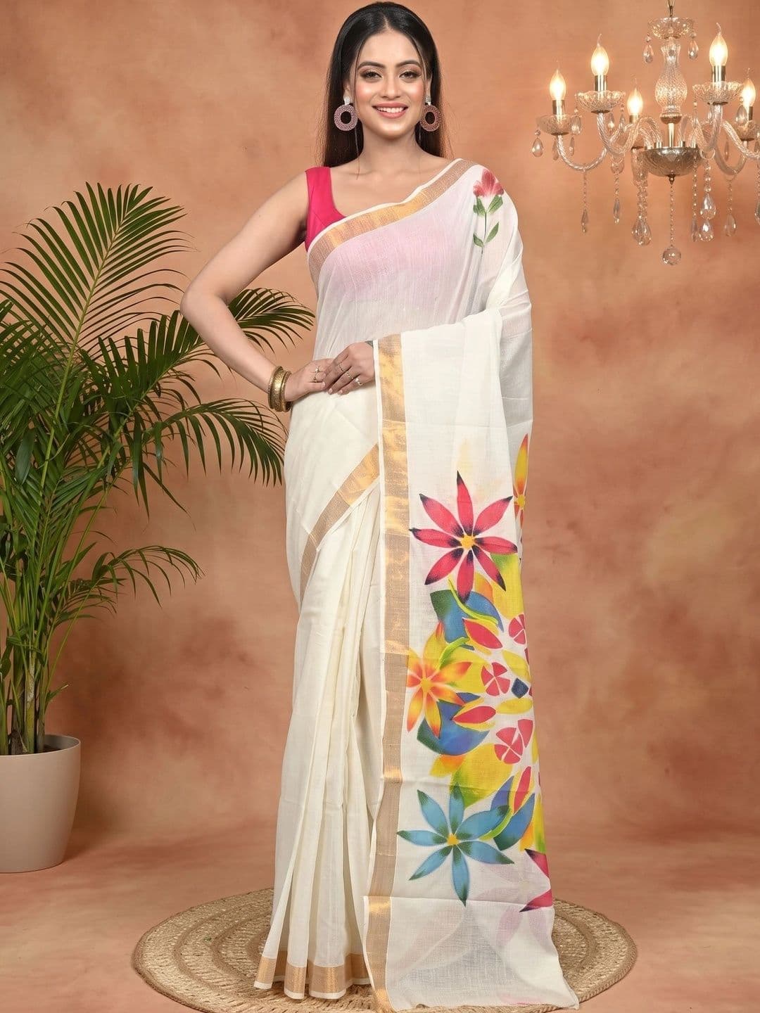 PuJoy Ethnic Motifs Sequinned Pure Cotton Handloom Taant Saree - view 1