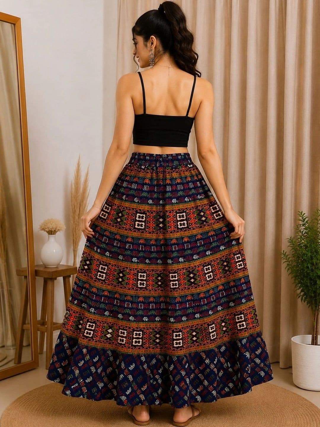 HIMCARE Women Cotton Cambric Geometric Tribal or Aztec Print Maxi Flared Skirt thumbnail 2