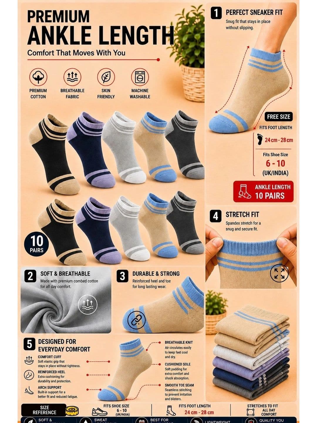 ADDOSSO Men Pack of 10 Cotton Assorted Striped Ankle Length Socks thumbnail 3