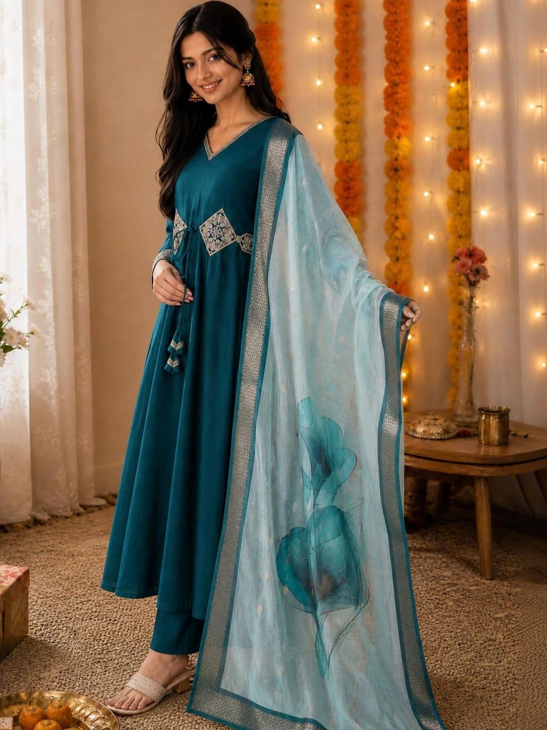 KALINI Women Ethnic Motifs Embroidered Empire Kurta with Trousers & With Dupatta thumbnail 3