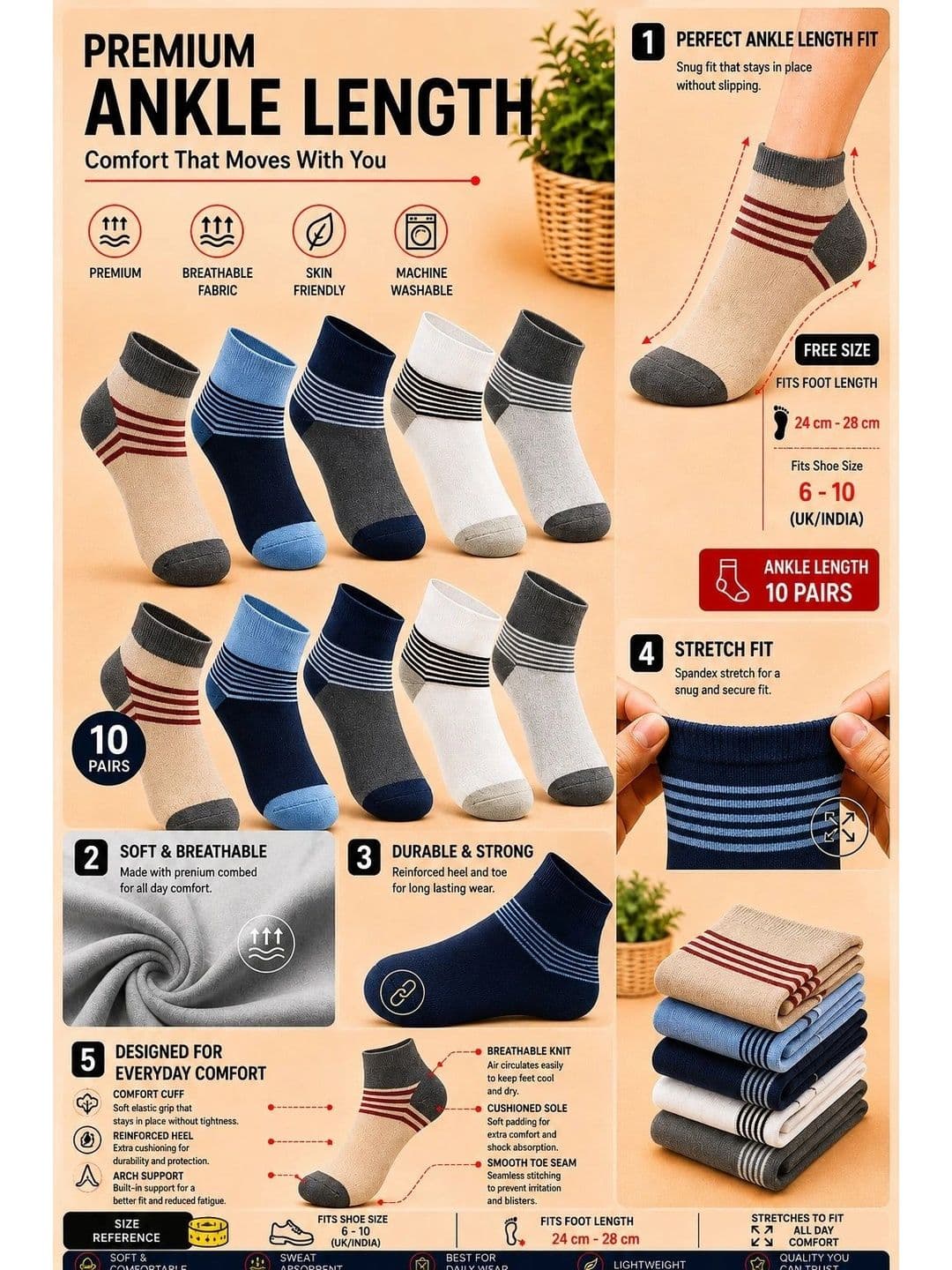 ADDOSSO Men Pack of 10 Cotton Assorted Striped Ankle Length Socks thumbnail 5