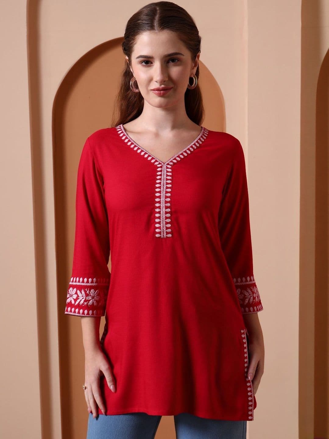 YASH GALLERY Floral Embroidered V-Neck Kurti - view 1