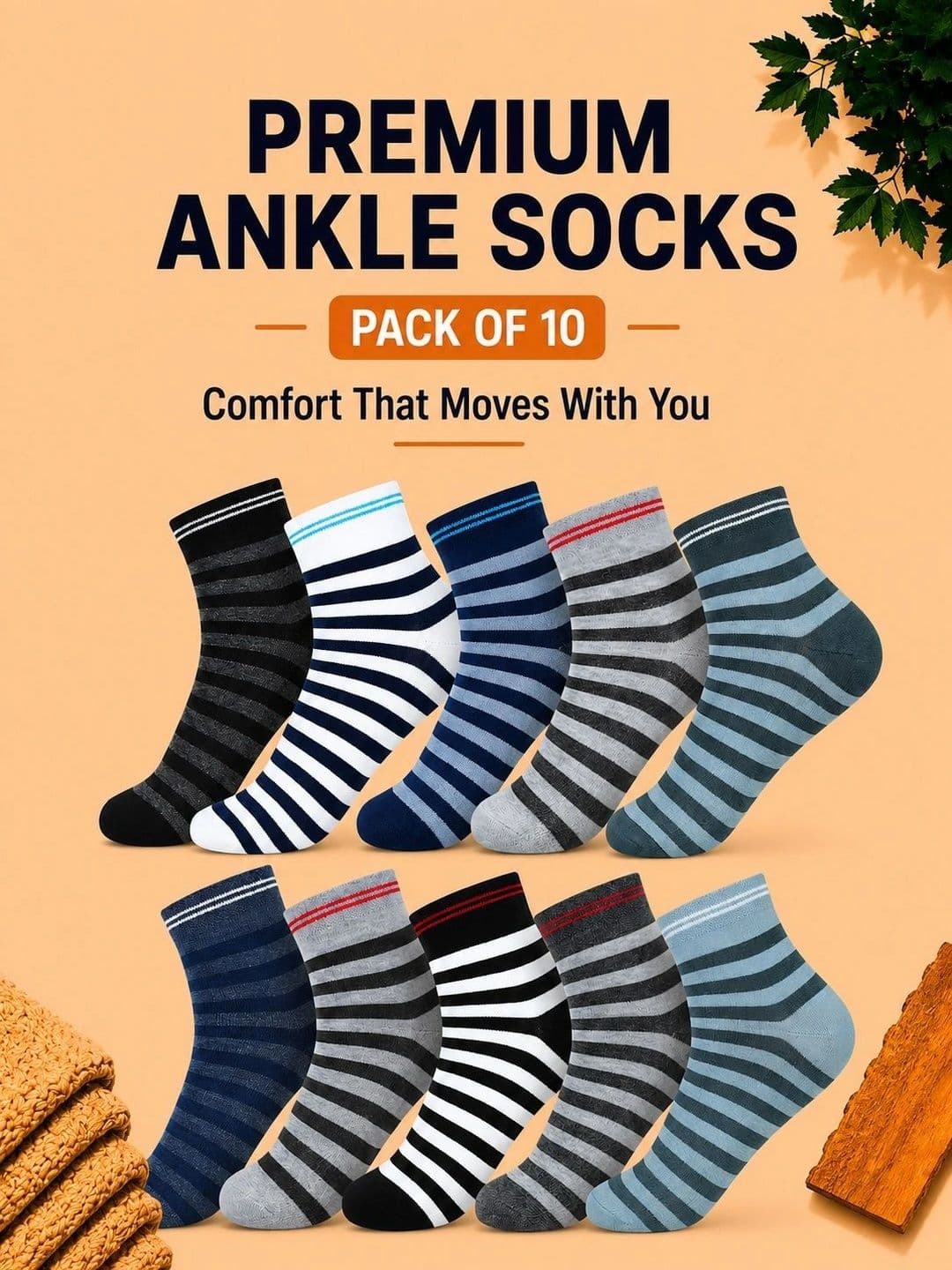 ADDOSSO Men Pack of 10 Cotton Assorted Striped Ankle Length Socks thumbnail 2