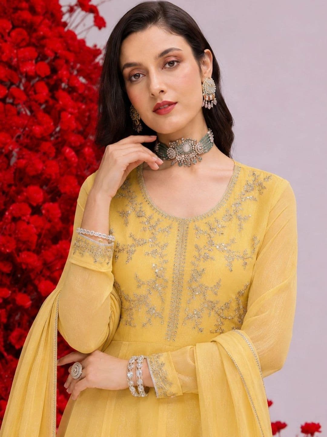 MOKOSH Women Ethnic Motifs Embroidered Empire Thread Work Pure Silk Kurta with Trousers & With Dupatta thumbnail 2