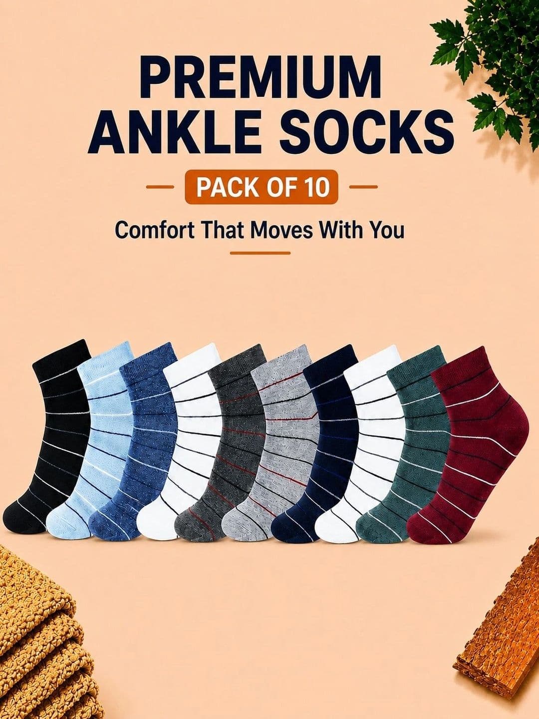 ADDOSSO Men Pack of 10 Cotton Assorted Striped Ankle Length Socks thumbnail 5
