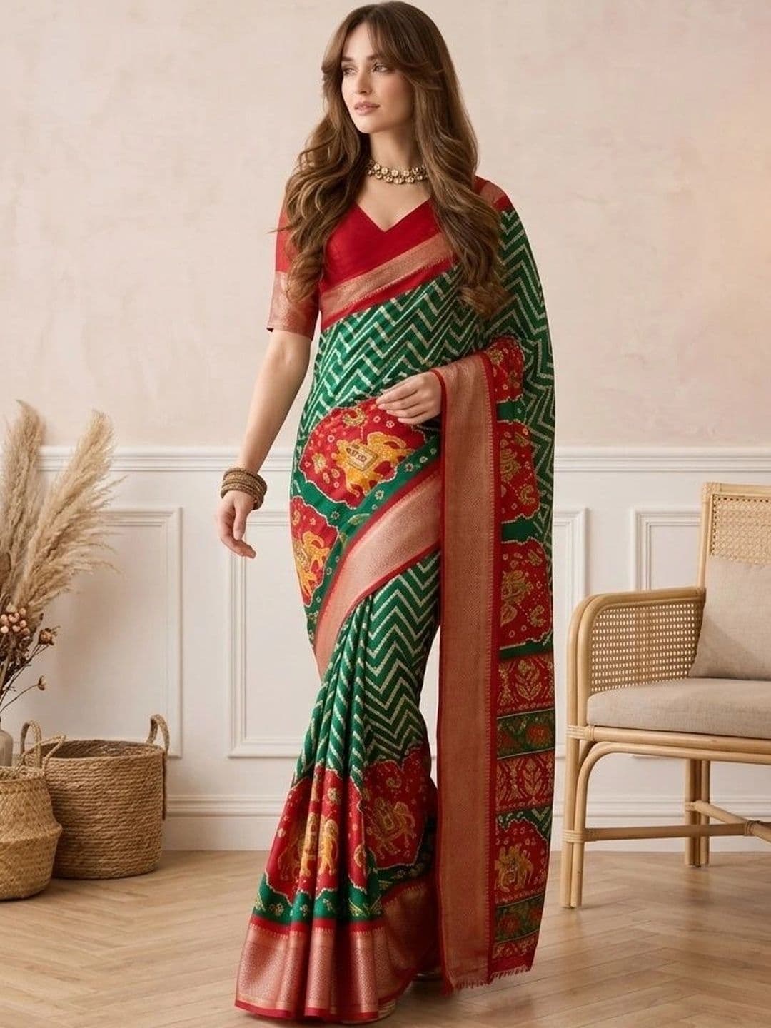 all about you Woven Design Zari Silk Blend Fusion Patola Saree thumbnail 2