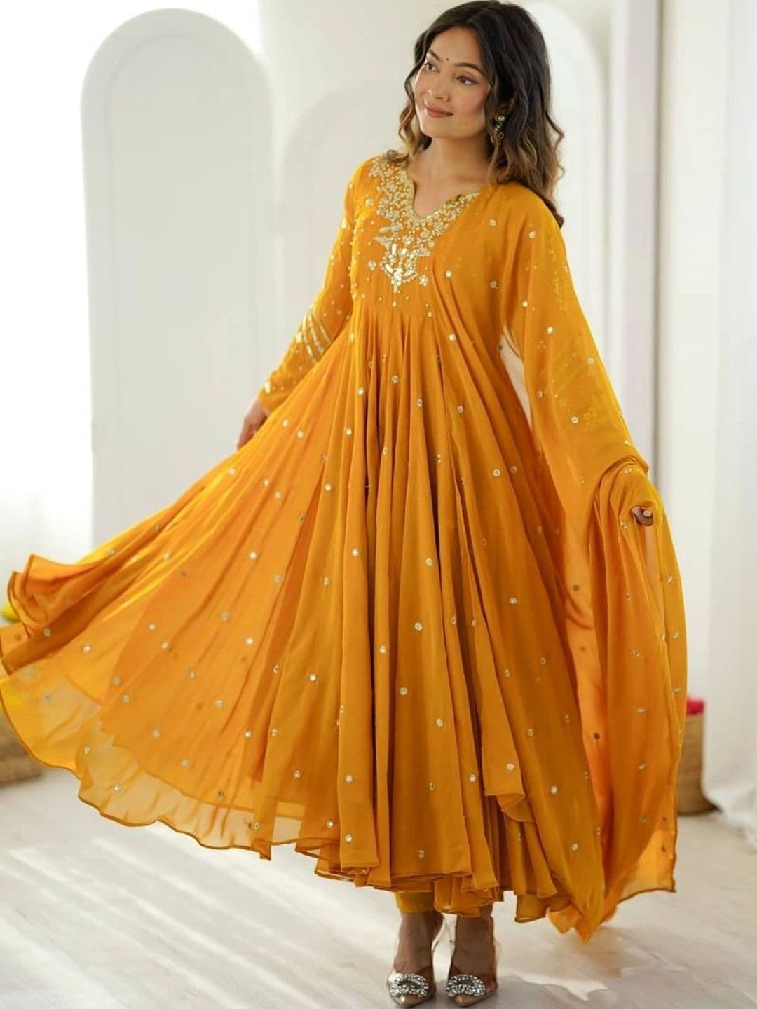NORAFLEX Women Ethnic Motifs Embroidered Empire Gotta Patti Silk Georgette Kurta with Trousers & With Dupatta thumbnail 5