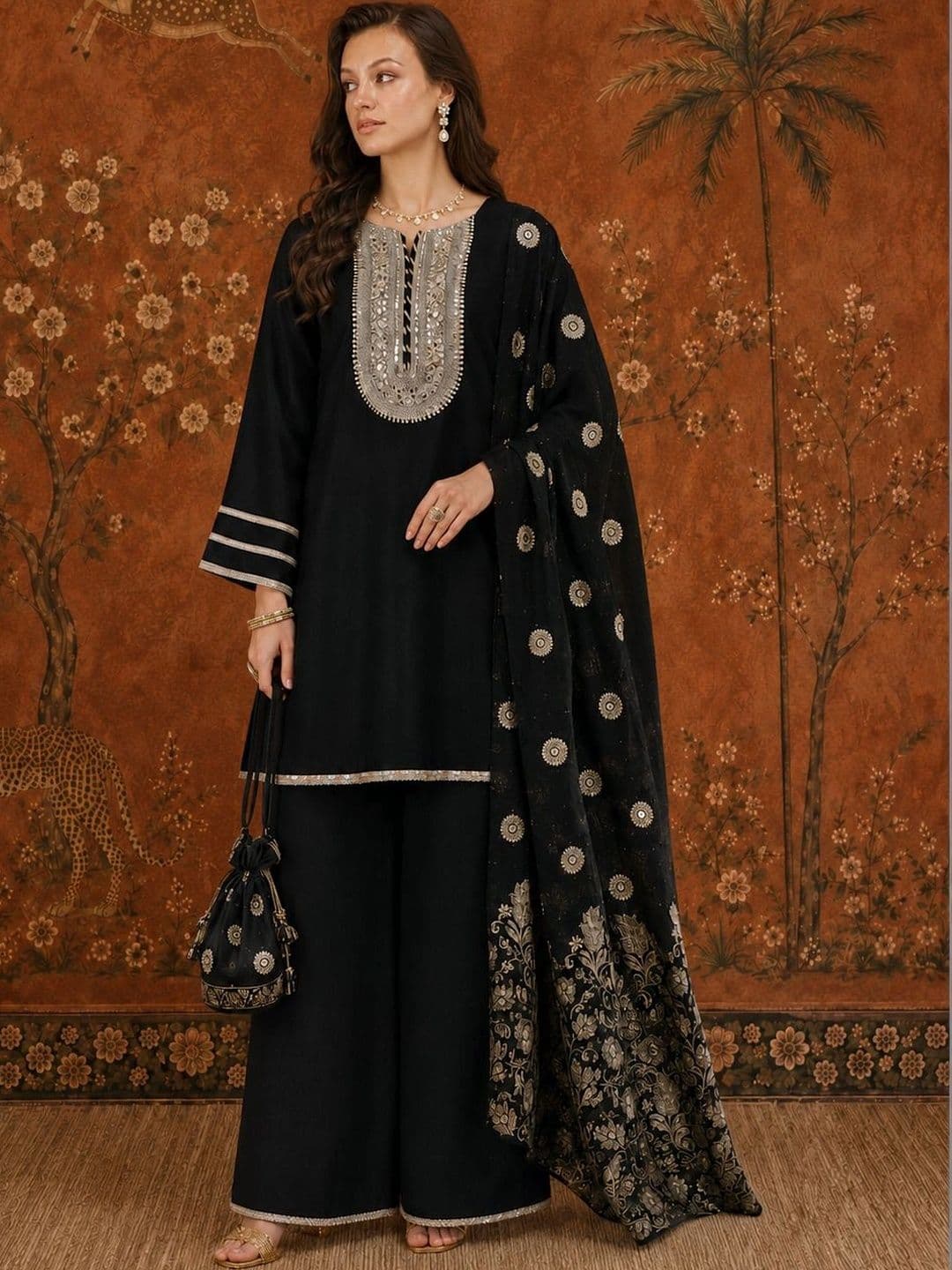 Sangria Women Ethnic Motifs Regular Mirror Work Kurta with Palazzos & With Dupatta - view 1