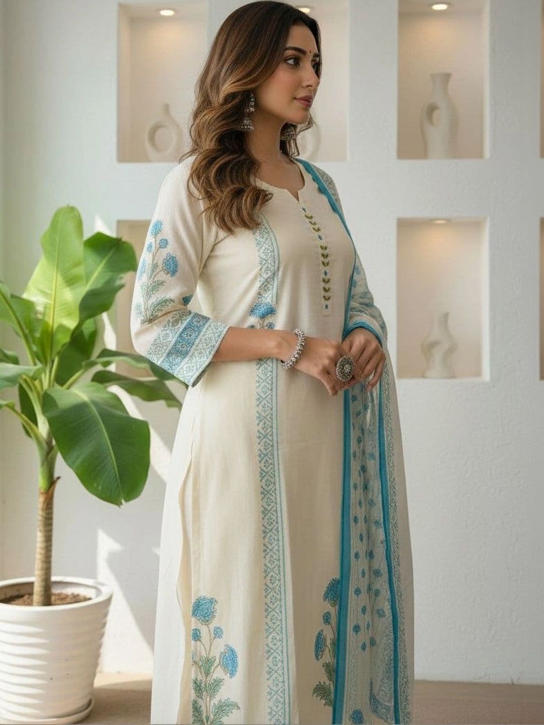 Anouk Women Ethnic Motifs Printed Regular Thread Work Pure Cotton Kurta with Trousers & With Dupatta thumbnail 3