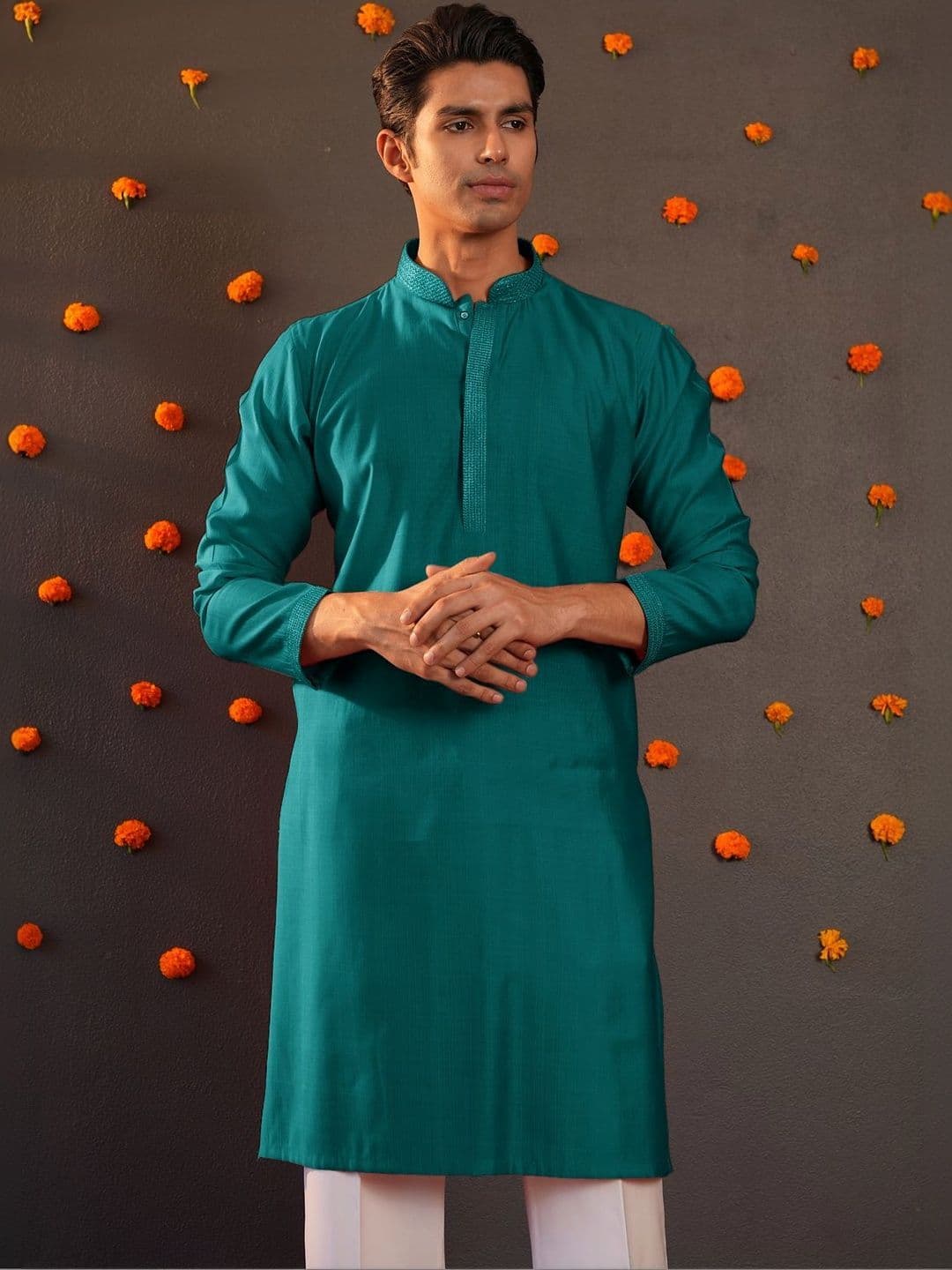 Anouk Men Button Patti Embroidery Straight Kurta thumbnail 2
