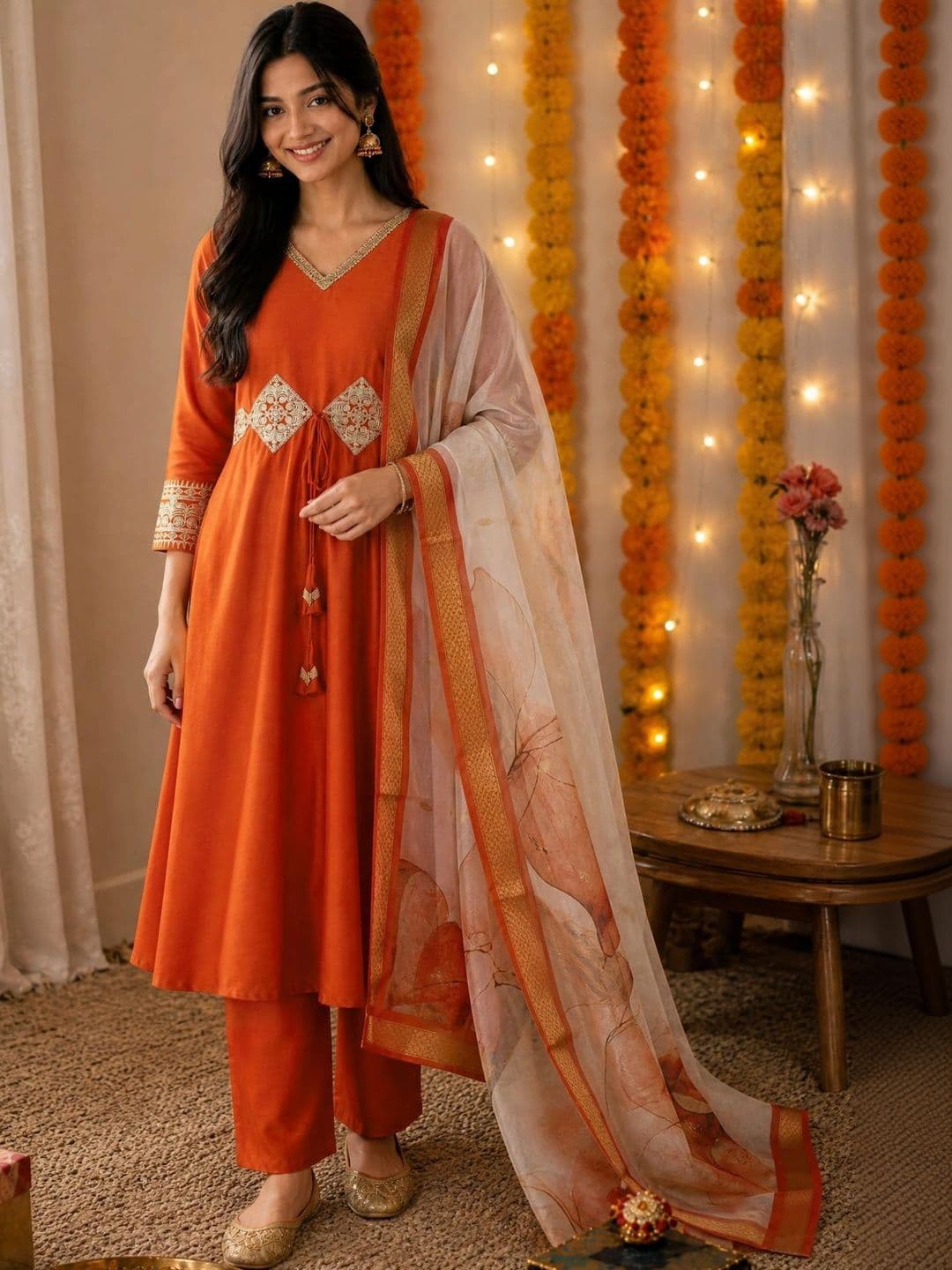 KALINI Women Ethnic Motifs Embroidered Angrakha Thread Work Kurta with Trousers & With Dupatta - view 1