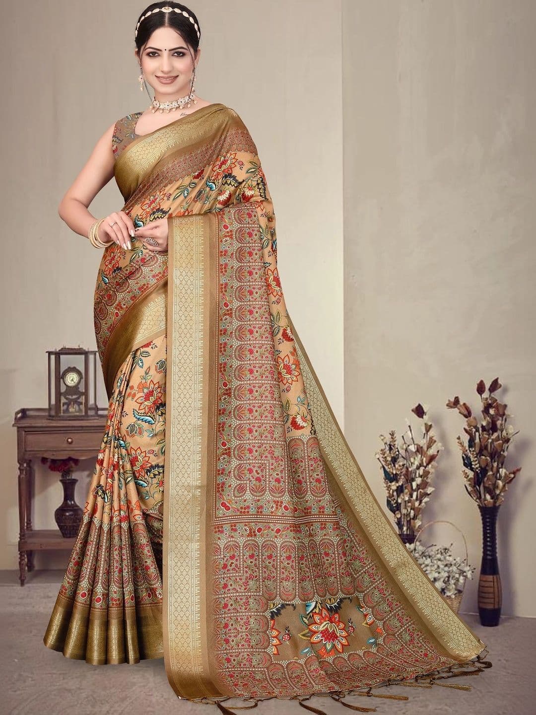 VS MALL Floral Zari Silk Cotton Saree - view 1