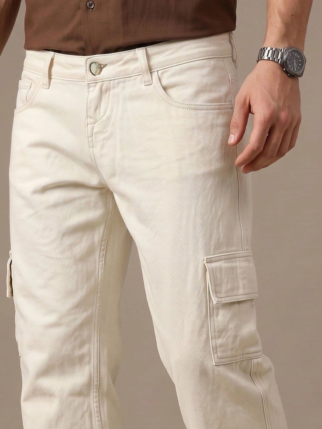 MaverIQ Light Beige Mid-Rise Regular Fit Cargo Jeans thumbnail 2