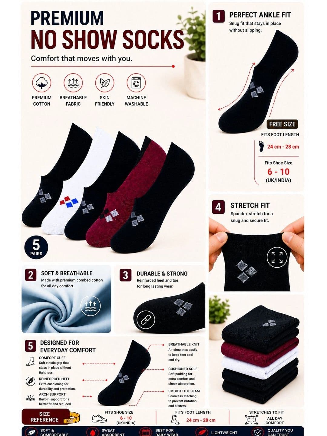 ADDOSSO Men Pack of 5 Cotton Assorted Patterned Shoe Liners Socks thumbnail 3