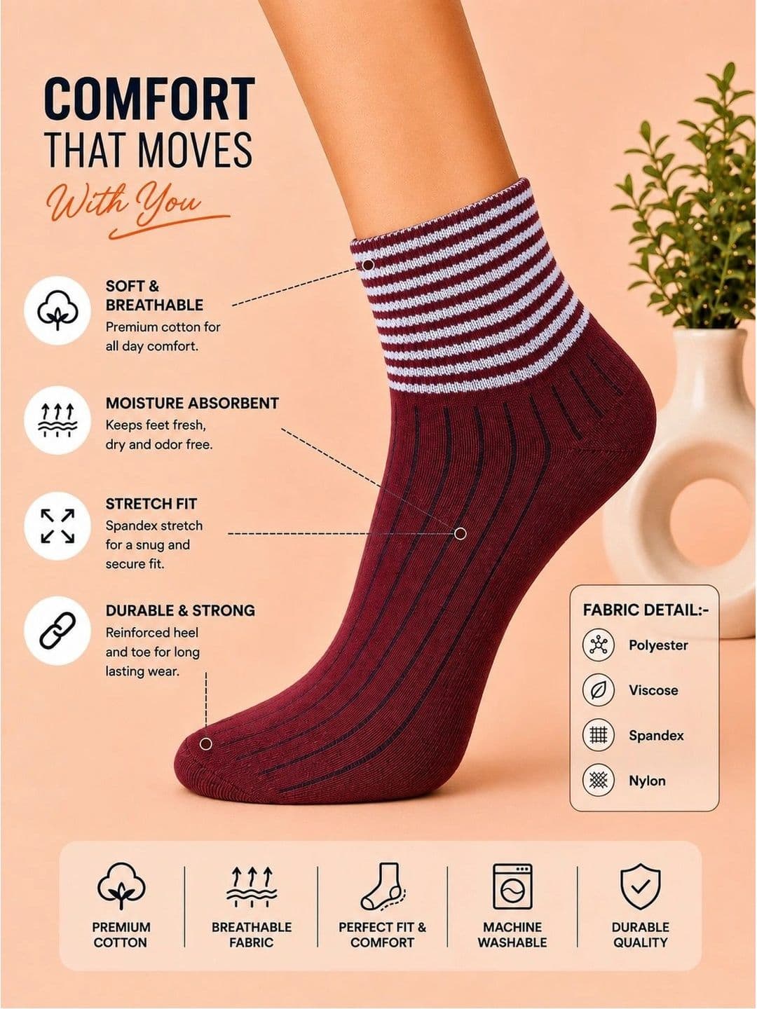 ADDOSSO Men Pack of 5 Cotton Assorted Striped Ankle Length Socks thumbnail 4