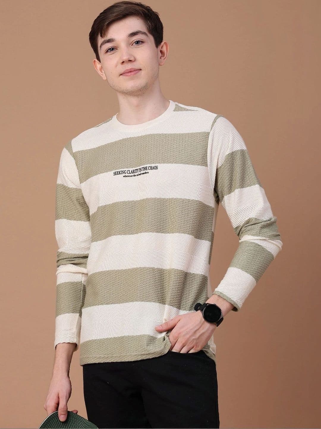 V-Mart Men Typography Striped Slim Fit T-shirt - view 1