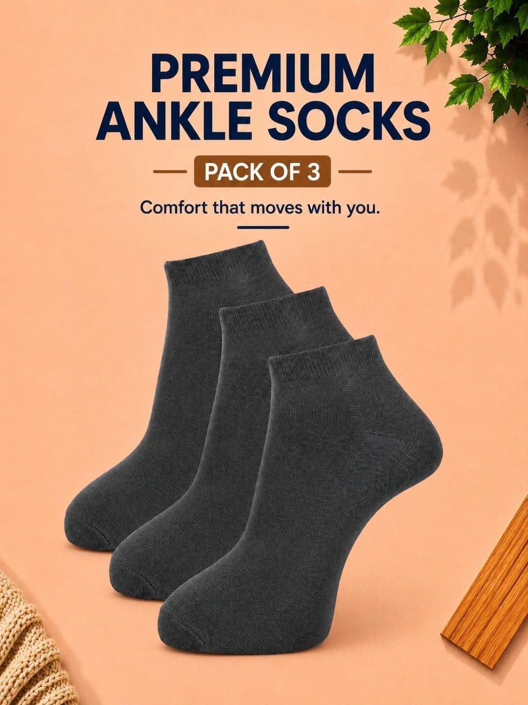 ADDOSSO Men Pack of 3 Cotton Assorted Ankle Length Socks thumbnail 3