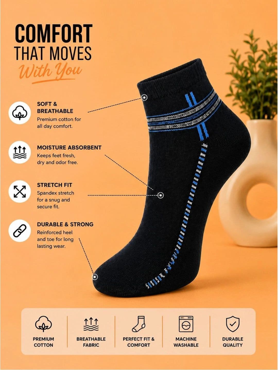 ADDOSSO Men Pack of 5 Cotton Assorted Patterned Ankle Length Socks thumbnail 5