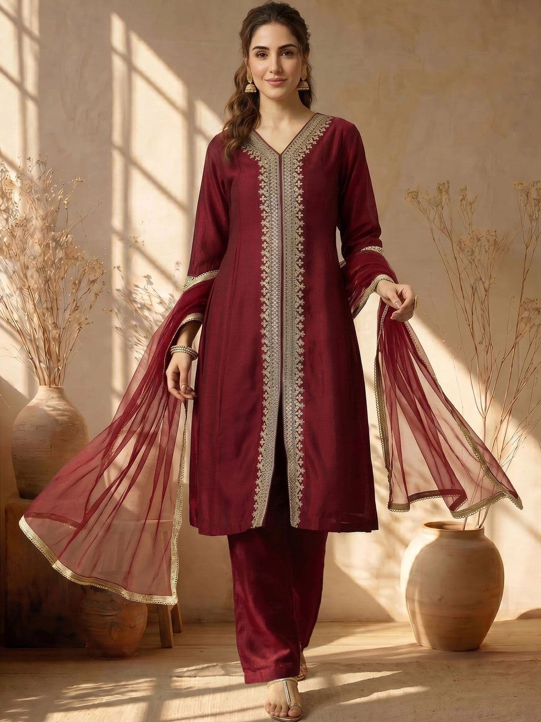 AVANSHEE Women Ethnic Motifs Embroidered High Slit Kurta with Trousers & With Dupatta - view 1