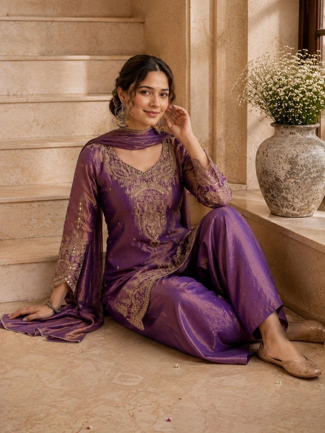 Sangria Women Ethnic Motifs Embroidered Regular Kurta & Palazzos  With Dupatta thumbnail 2