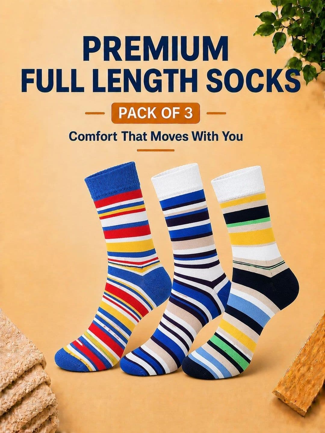 ADDOSSO Men Pack of 3 Cotton Assorted Striped Calf Length Socks thumbnail 2
