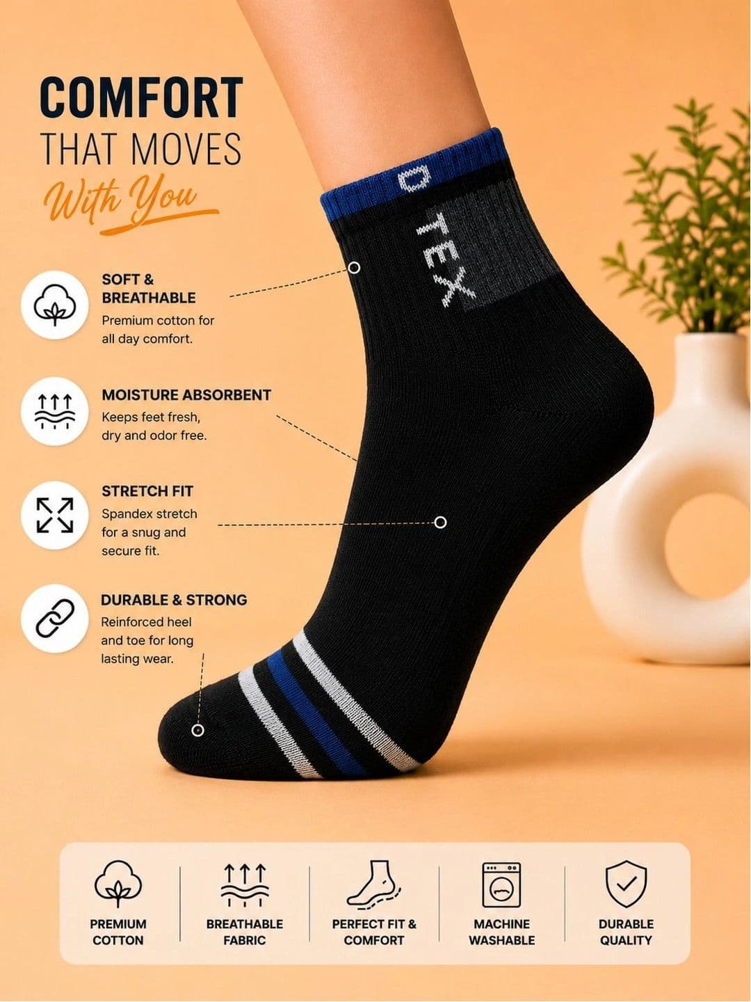 ADDOSSO Men Pack of 5 Cotton Assorted Striped Ankle Length Socks thumbnail 4