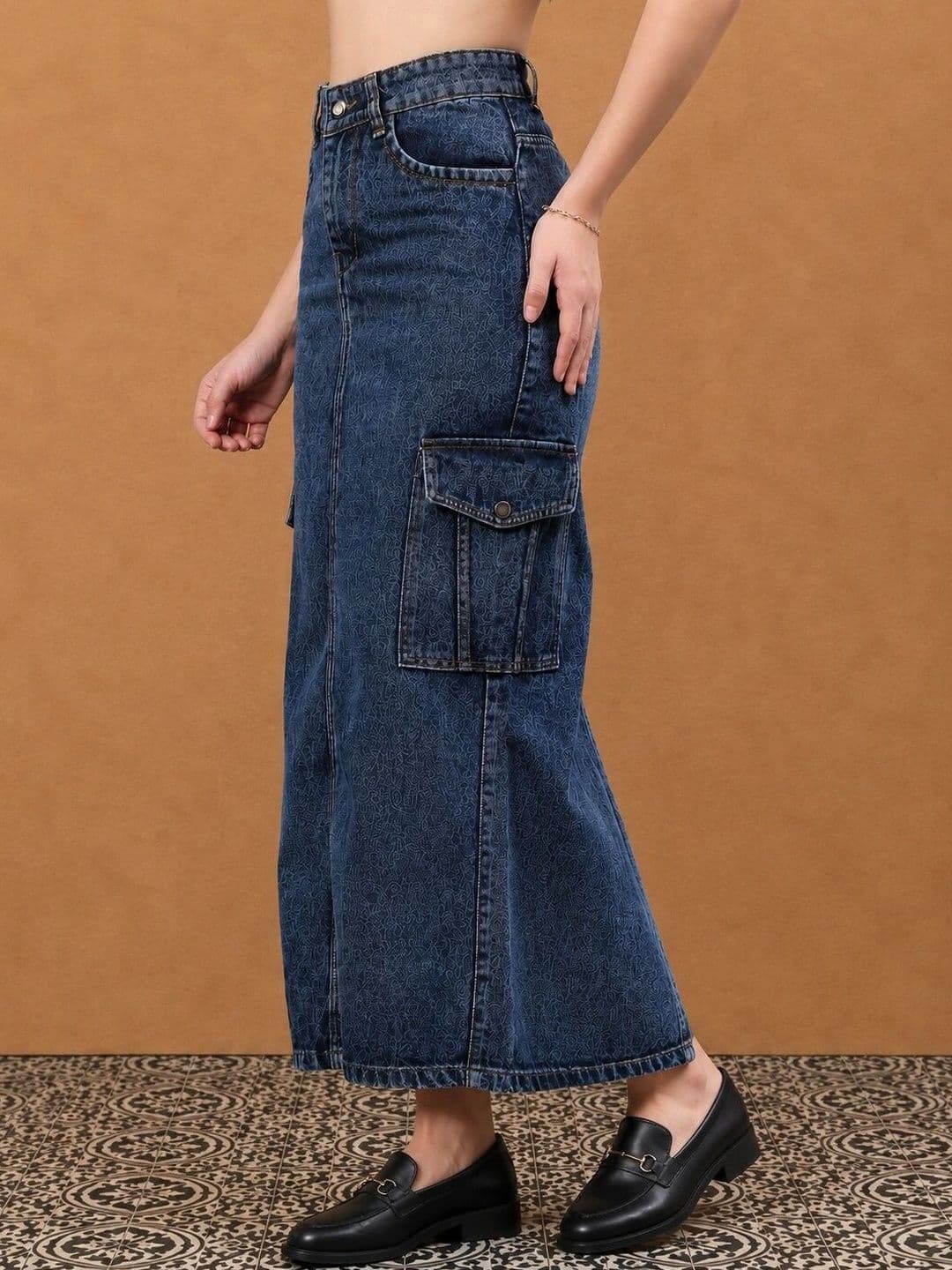 all about you Women Denim Self Design Cargo Styles Side Slit Maxi Straight Skirt thumbnail 4