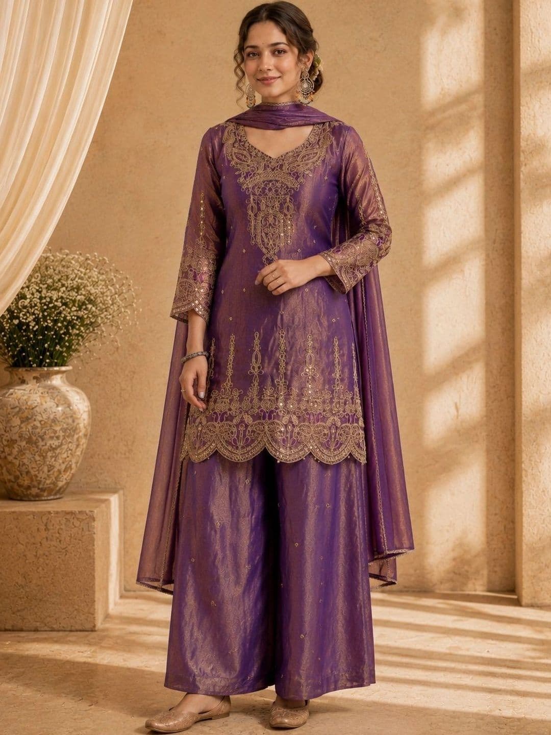 Sangria Women Ethnic Motifs Embroidered Regular Kurta & Palazzos  With Dupatta - view 1