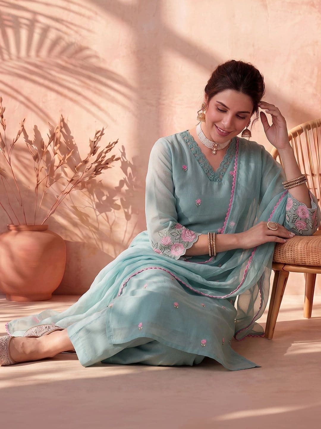 AVANSHEE Women Embroidered Chanderi Cotton Kurta with Trousers & With Dupatta thumbnail 2