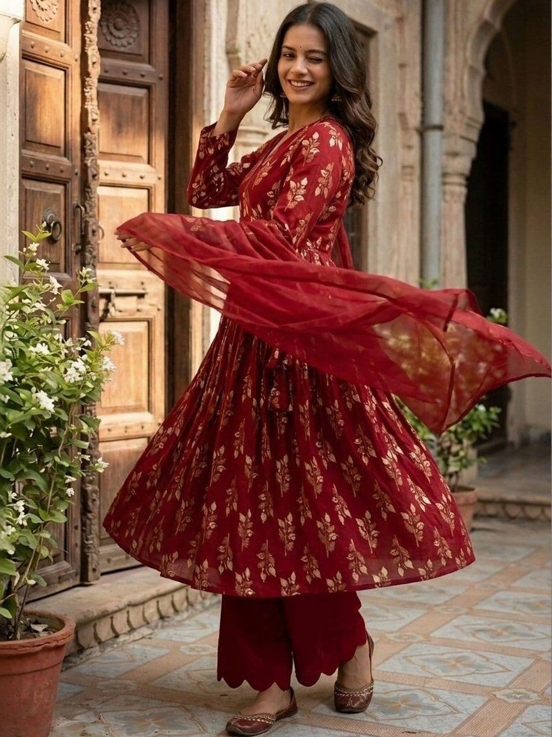 Anouk Women Ethnic Motifs Printed Angrakha Pure Cotton Kurta with Palazzos & With Dupatta thumbnail 6
