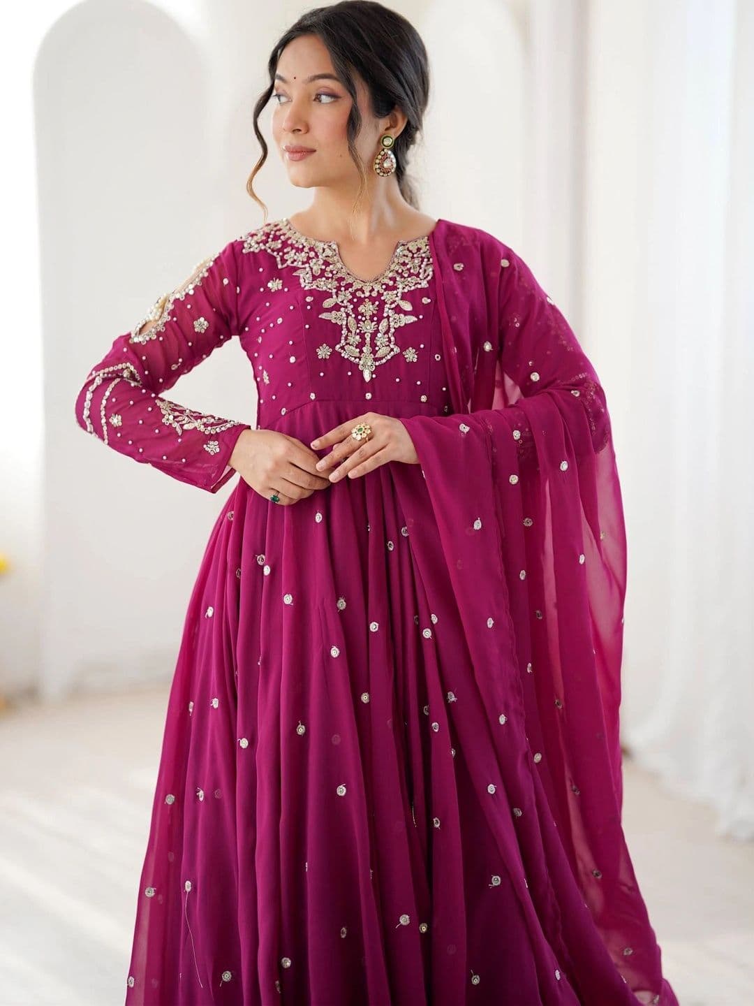NORAFLEX Women Empire Sequinned Silk Georgette Kurta with Trousers & With Dupatta thumbnail 7