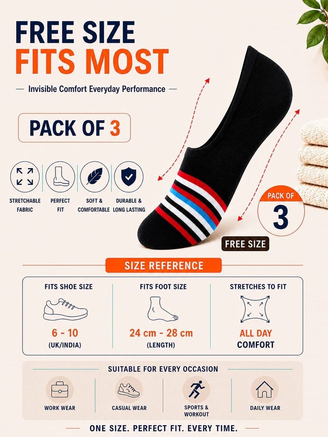 ADDOSSO Men Pack of 3 Cotton Assorted Striped Shoe Liners Socks thumbnail 5