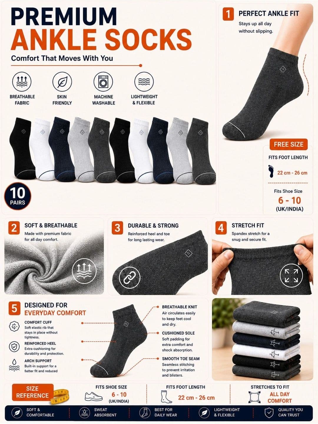 ADDOSSO Men Pack of 10 Cotton Assorted Ankle Length Socks thumbnail 2