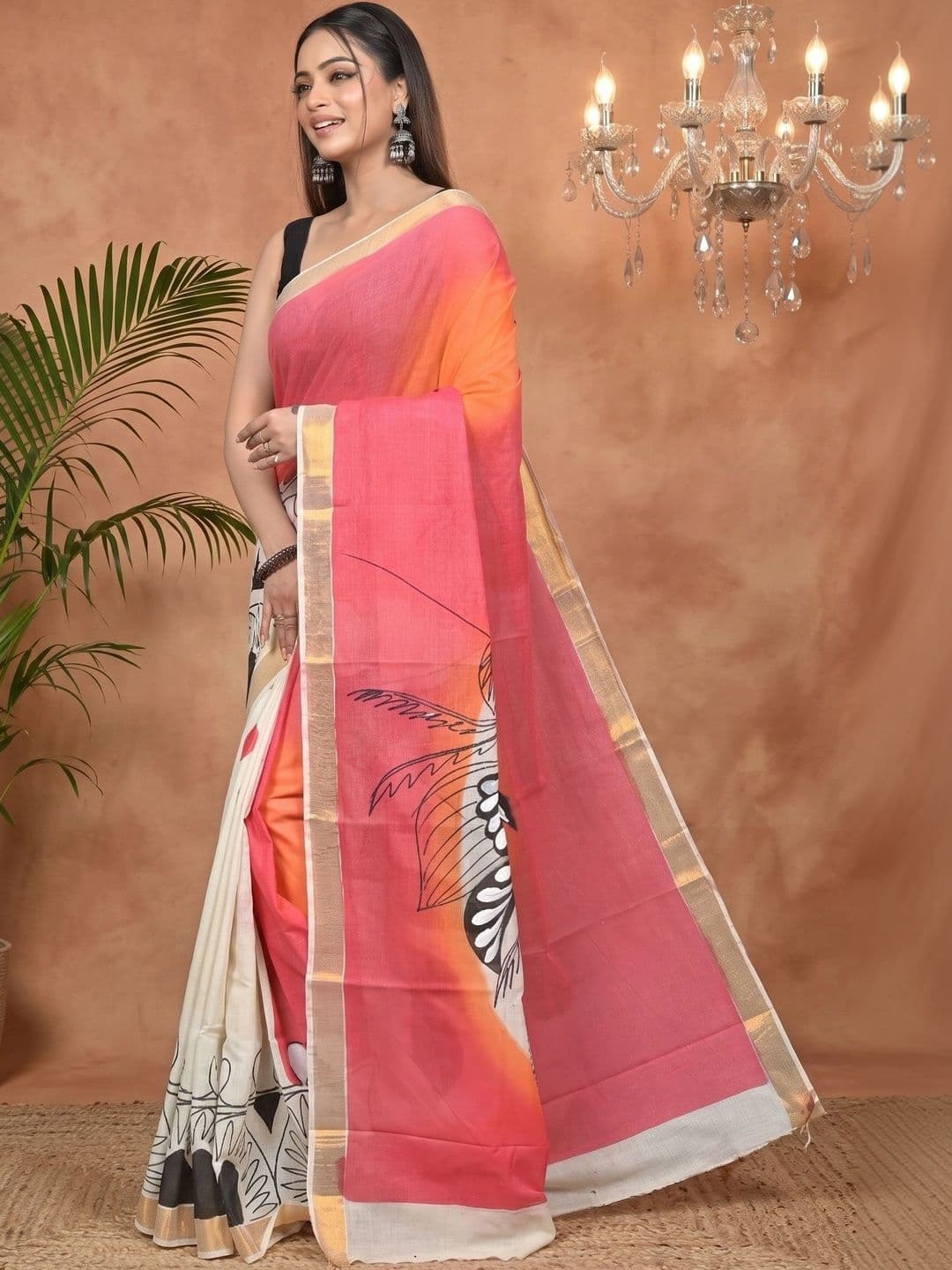 PuJoy Ethnic Motifs Sequinned Pure Cotton Handloom Taant Saree thumbnail 3