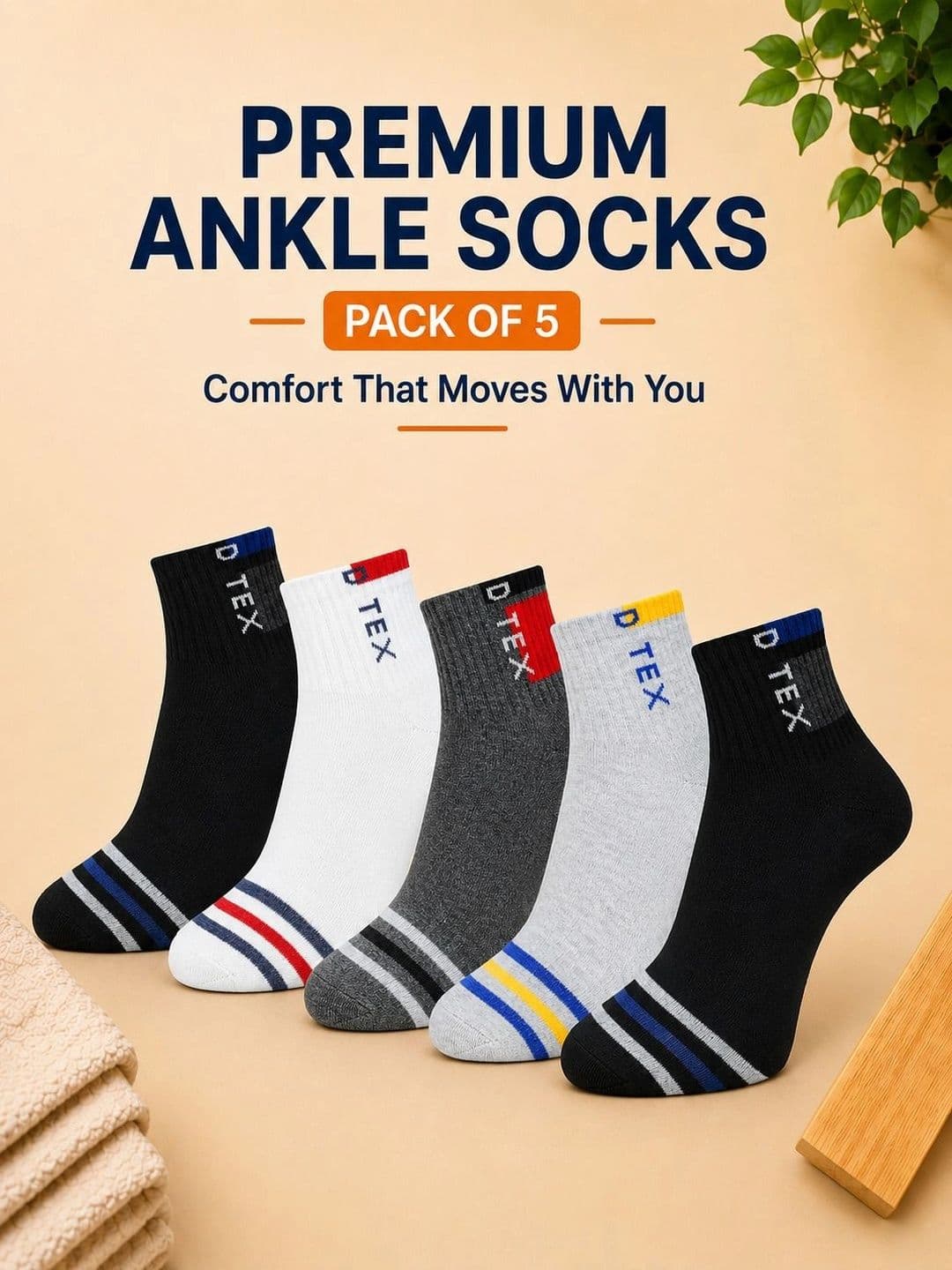 ADDOSSO Men Pack of 5 Cotton Assorted Striped Ankle Length Socks thumbnail 5