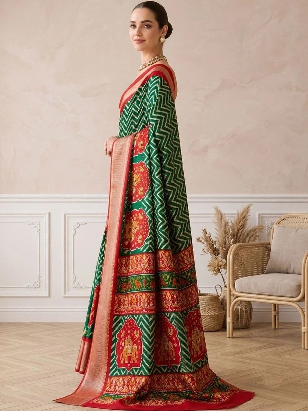 all about you Woven Design Zari Silk Blend Fusion Patola Saree thumbnail 3