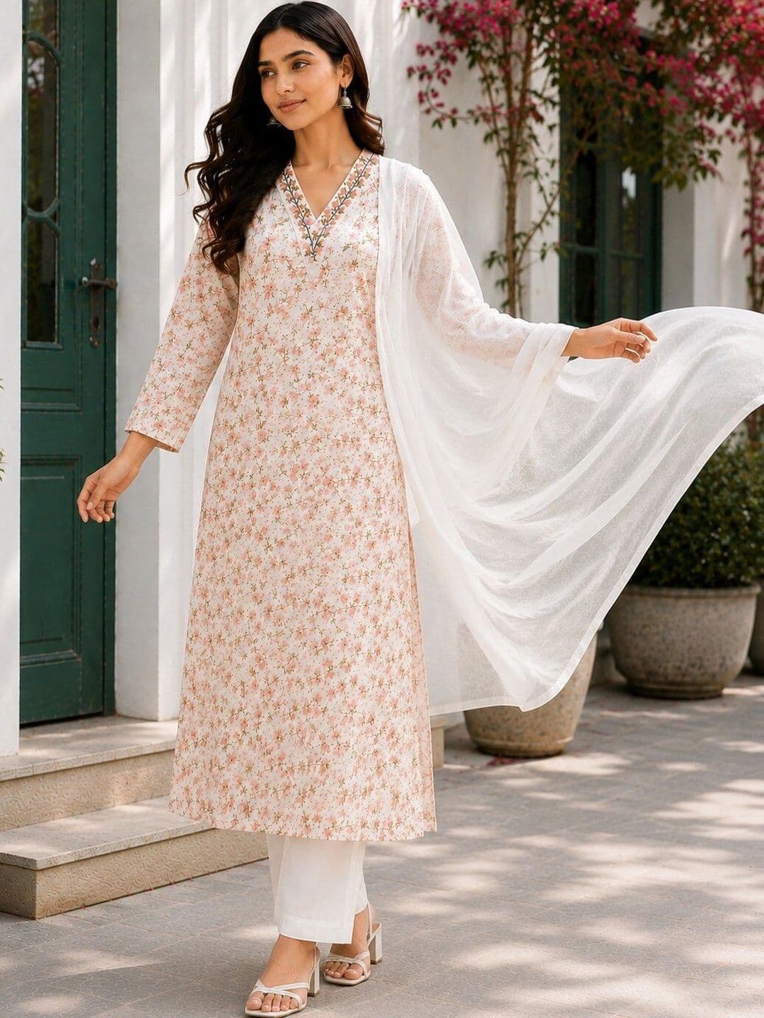 FABZARI Women Floral Printed Regular Thread Work Pure Cotton Kurta with Palazzos & With Dupatta thumbnail 3