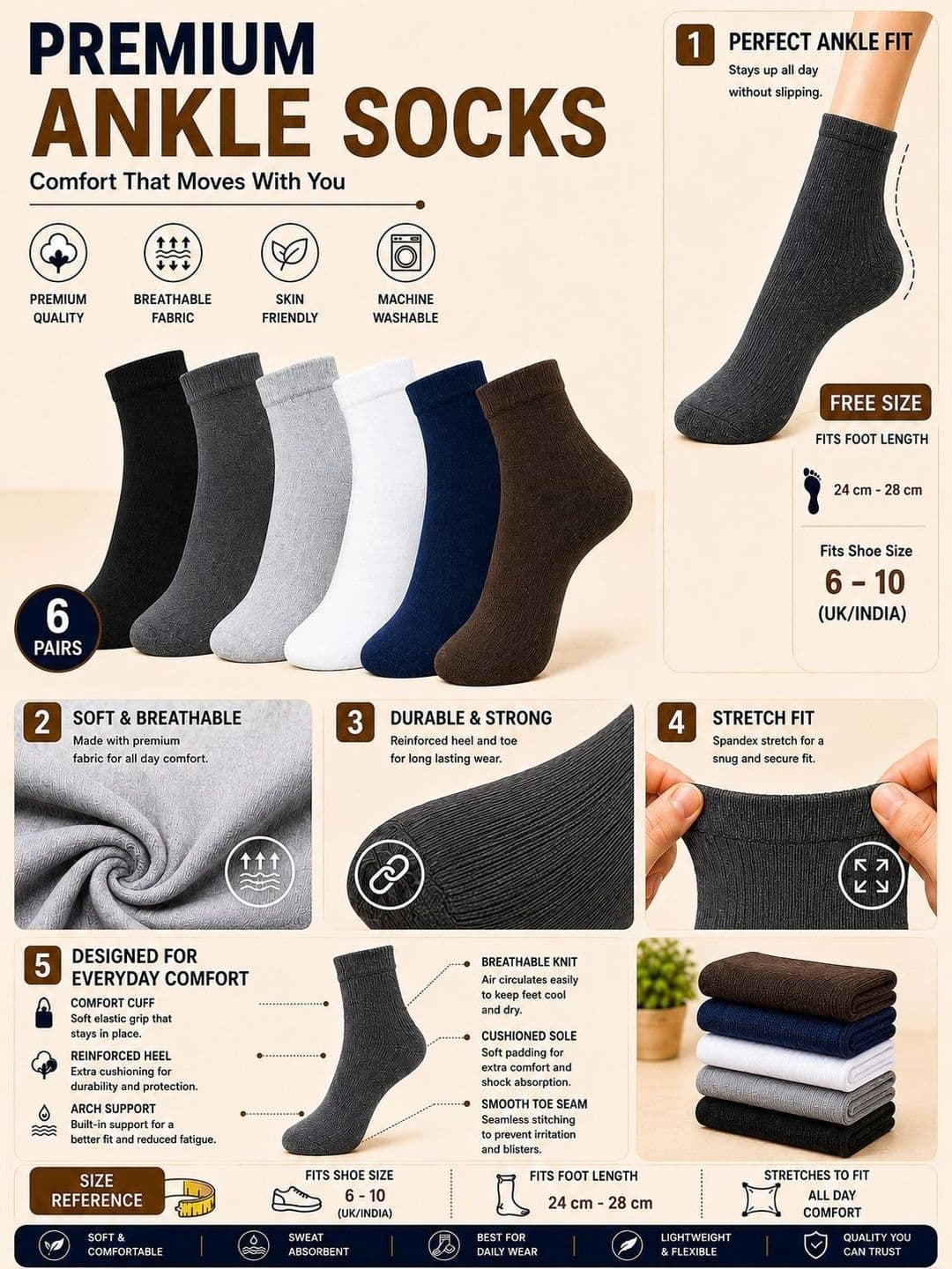 ADDOSSO Men Pack of 6 Cotton Assorted Ankle Length Socks thumbnail 2