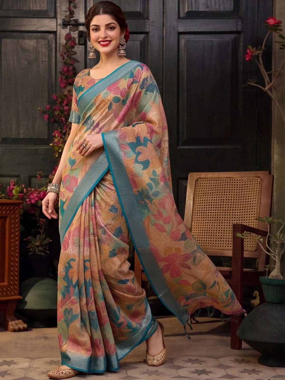 Mitera Women Floral Zari Silk Cotton Fusion Saree - view 1