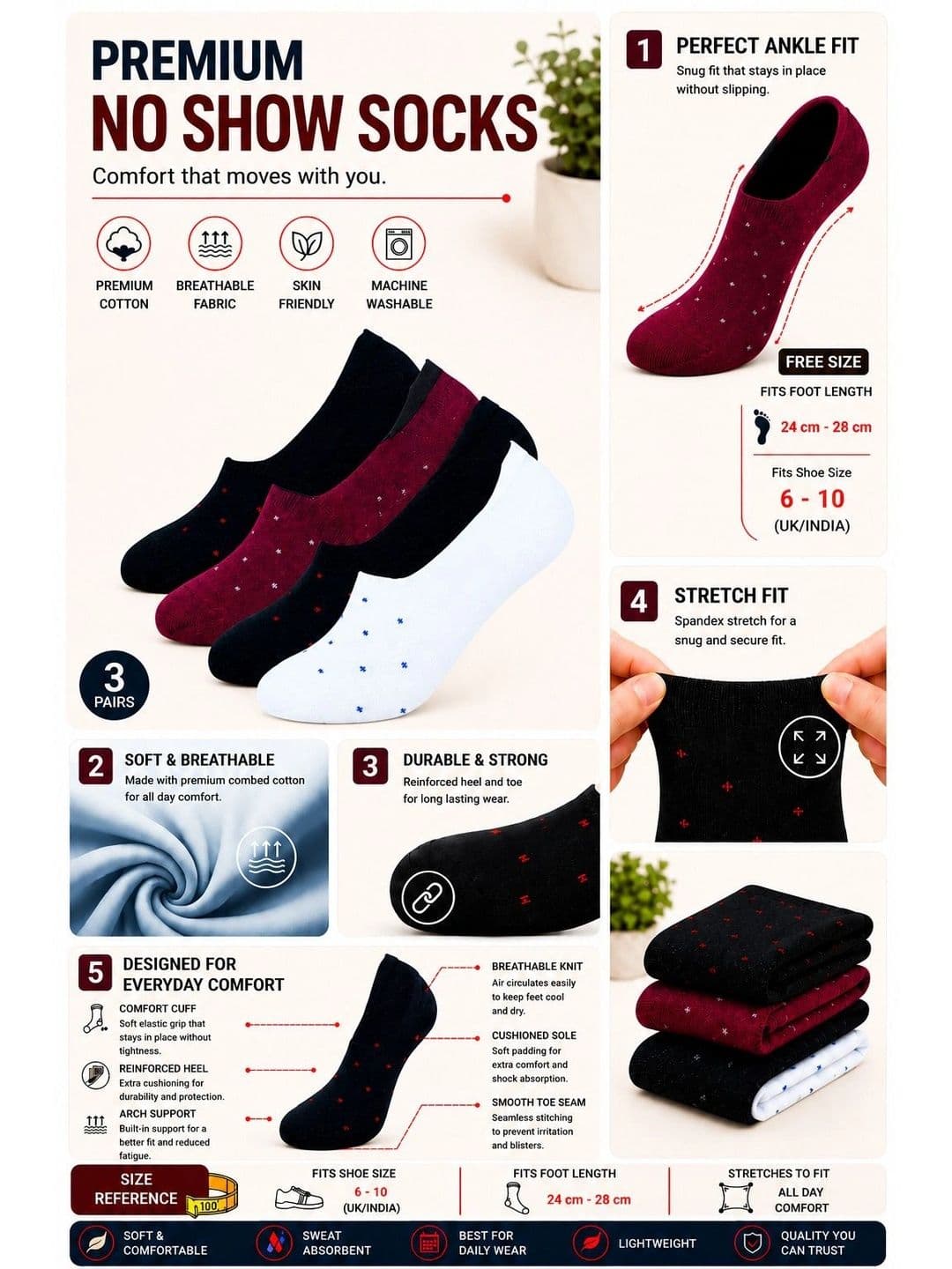 ADDOSSO Men Pack of 5 Cotton Assorted Shoe Liners Socks thumbnail 3