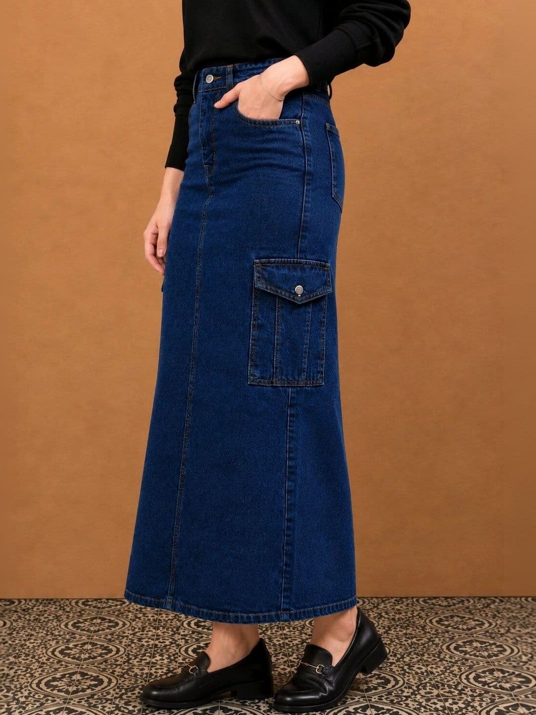 all about you Women Denim Cargo Styles Maxi A-Line Skirt thumbnail 2