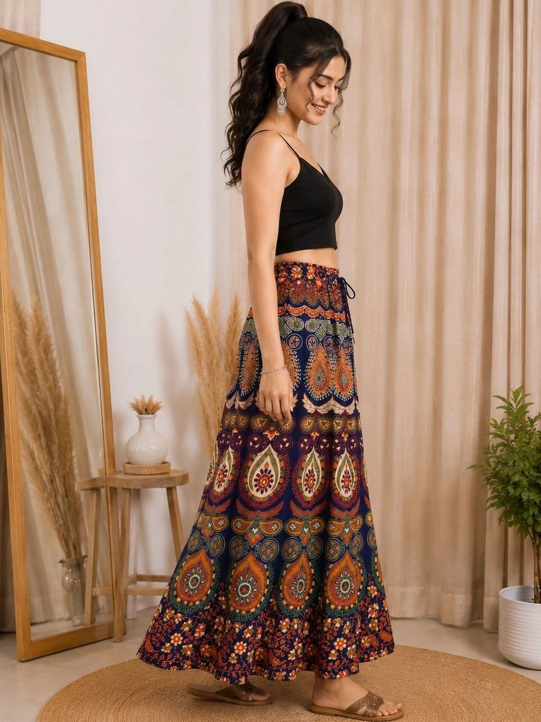 HIMCARE Women Cotton Cambric Paisley Bohemian Maxi Flared Skirt thumbnail 3