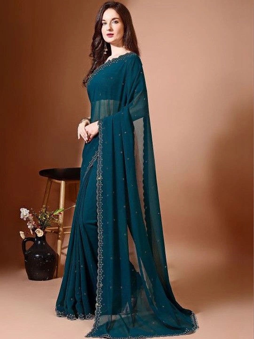 Leelavati Women Embellished Beads and Stones Pure Chiffon Saree thumbnail 5