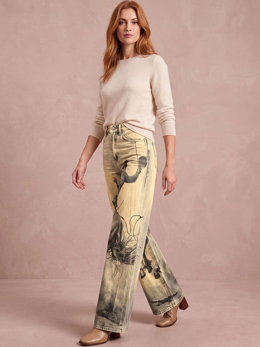 ATELIER REBEL Women Wide Leg Mid-Rise Light Fade Printed Jeans thumbnail 2