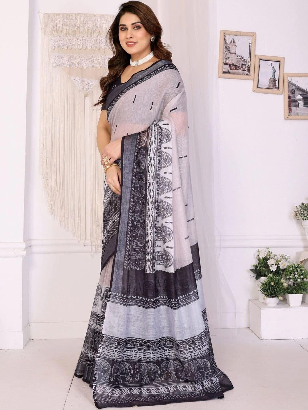 VS MALL Floral Linen Blend Saree thumbnail 3
