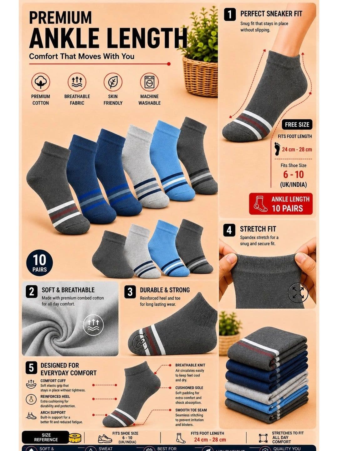 ADDOSSO Men Pack of 10 Cotton Assorted Striped Ankle Length Socks thumbnail 4