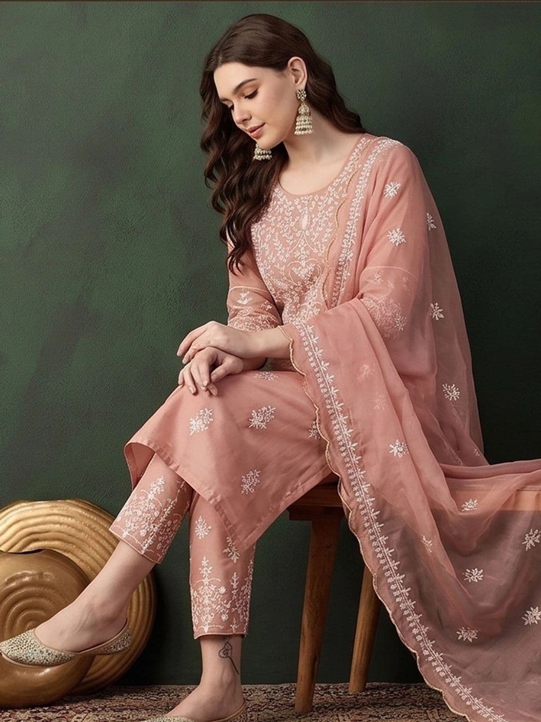 Sangria Women Ethnic Motifs Embroidered Regular Thread Work Pure Cotton Kurta with Trousers & With Dupatta thumbnail 3