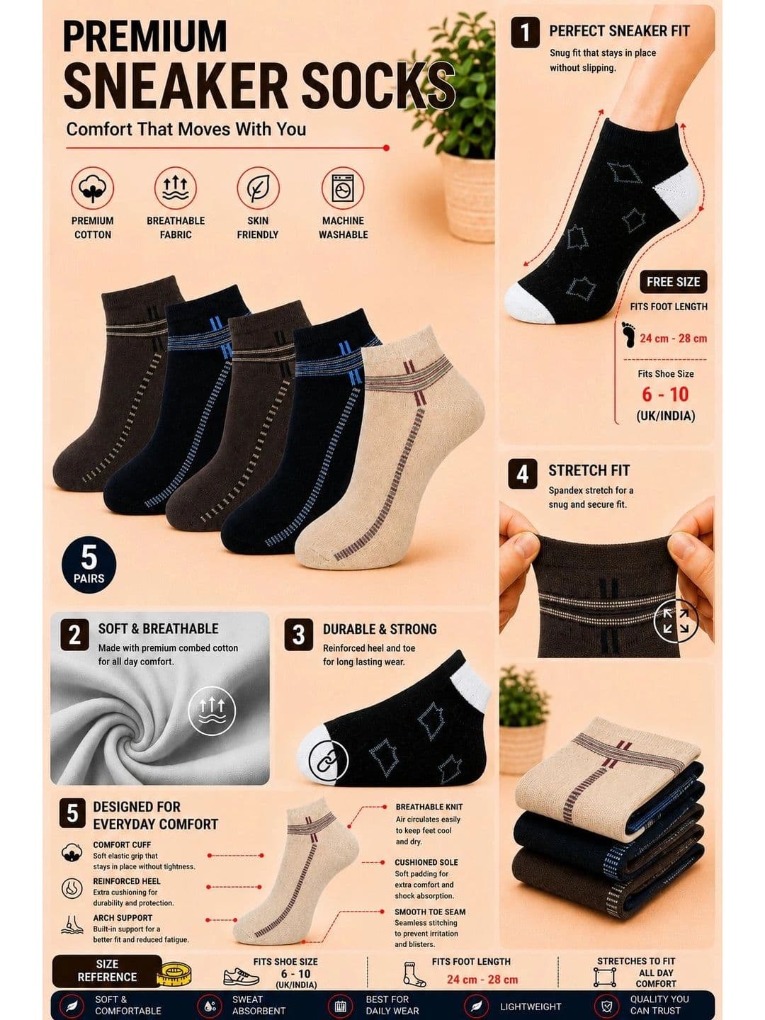 ADDOSSO Men Pack of 5 Cotton Assorted Patterned Ankle Length Socks thumbnail 2