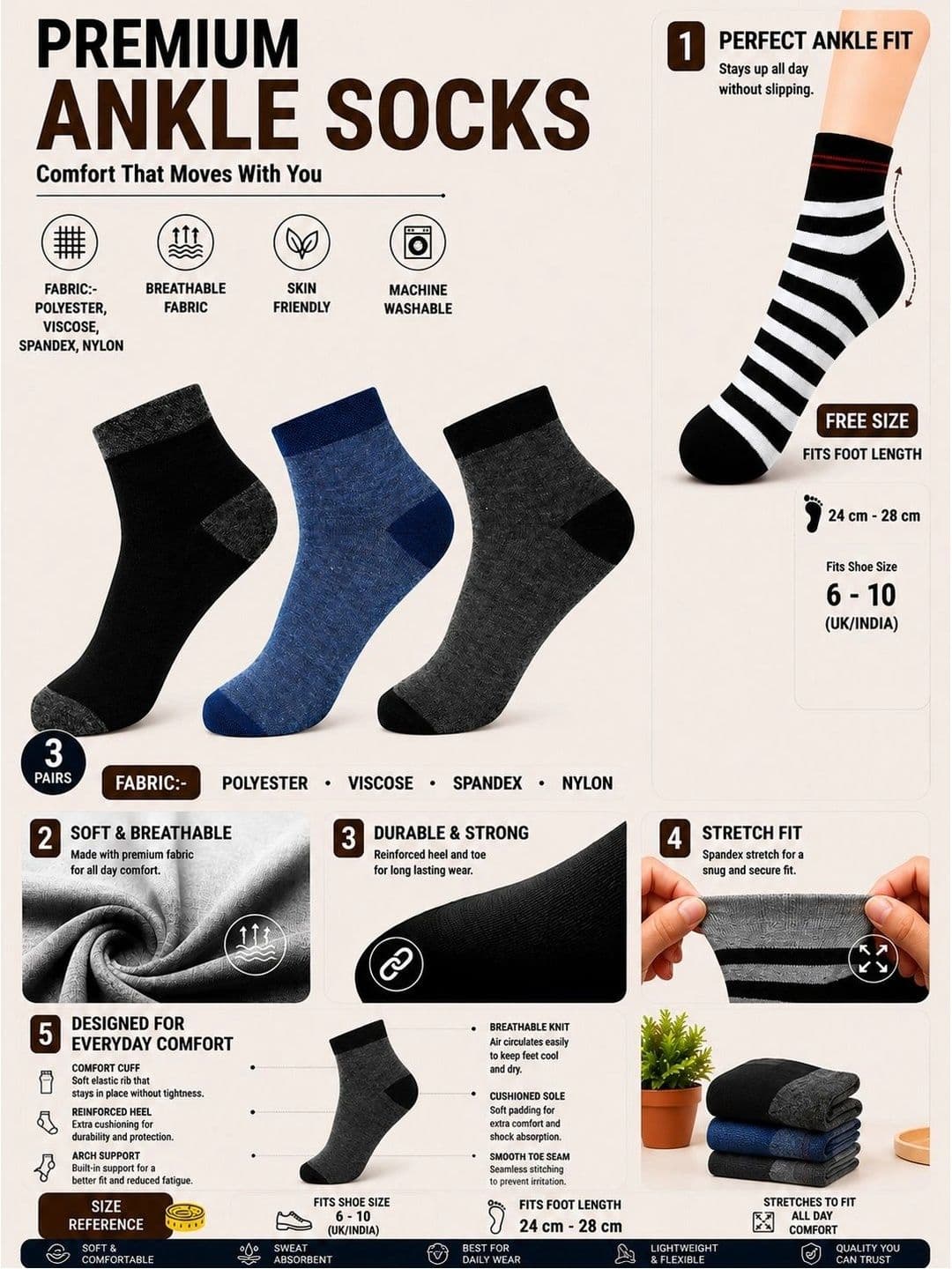 ADDOSSO Men Pack of 3 Cotton Assorted Colourblocked Ankle Length Socks thumbnail 2